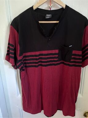 Zoo York Black and Burgundy Short Sleeve Striped Henley Tee